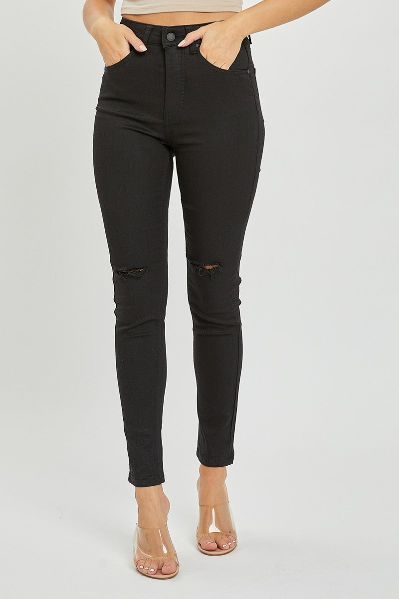 Coated Black Skinny With Knee Cut- Risen Jeans