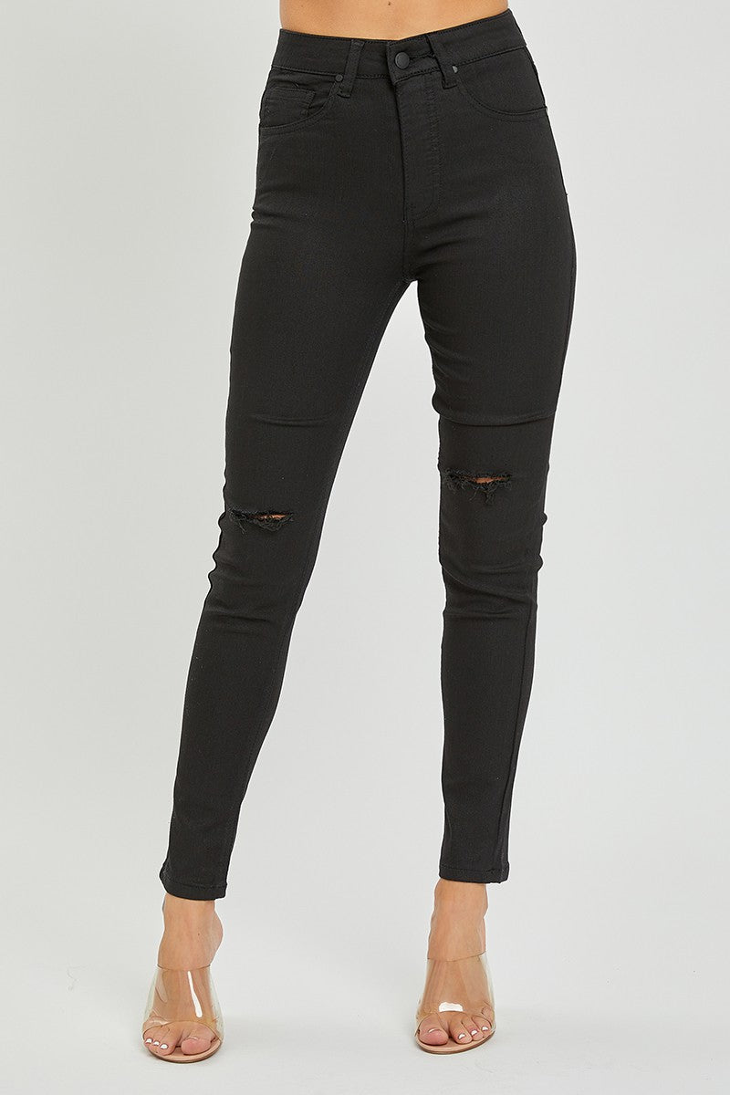 Coated Black Skinny With Knee Cut- Risen Jeans