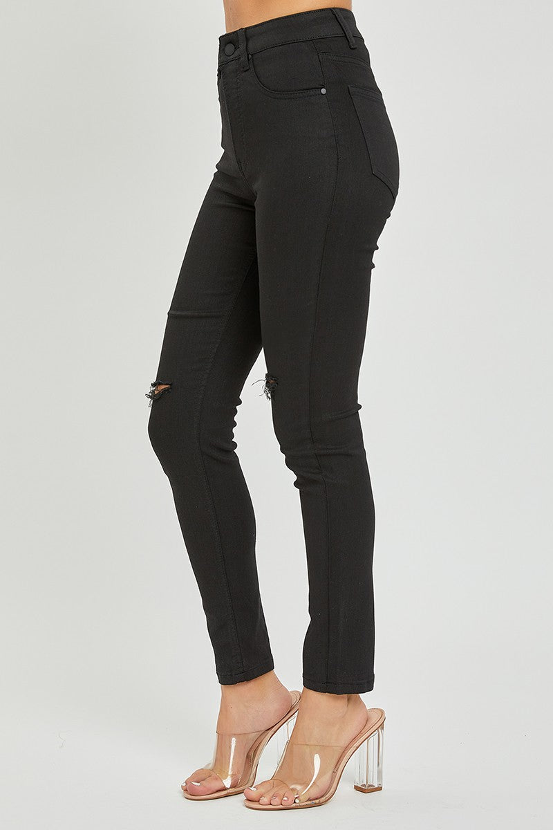 Coated Black Skinny With Knee Cut- Risen Jeans