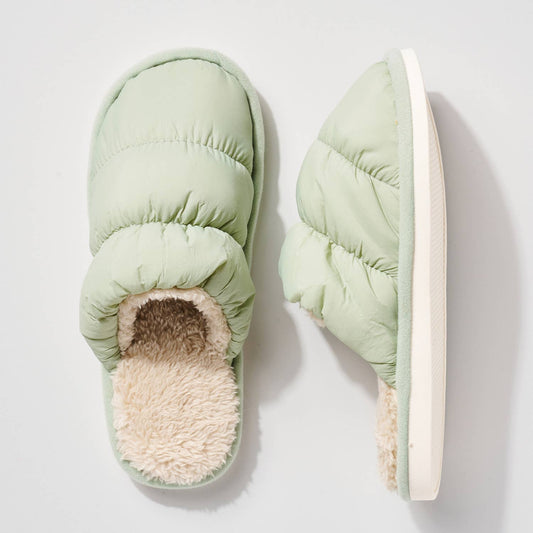 Puffy Faux Fur Lined Slippers-GREEN - Red Fox Boutique