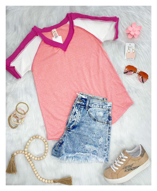 The Pink and White Reverse Stitch Top