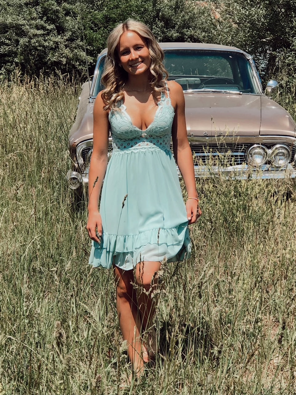 The Mini Tiered Lace Trim Dress in 2 Colors