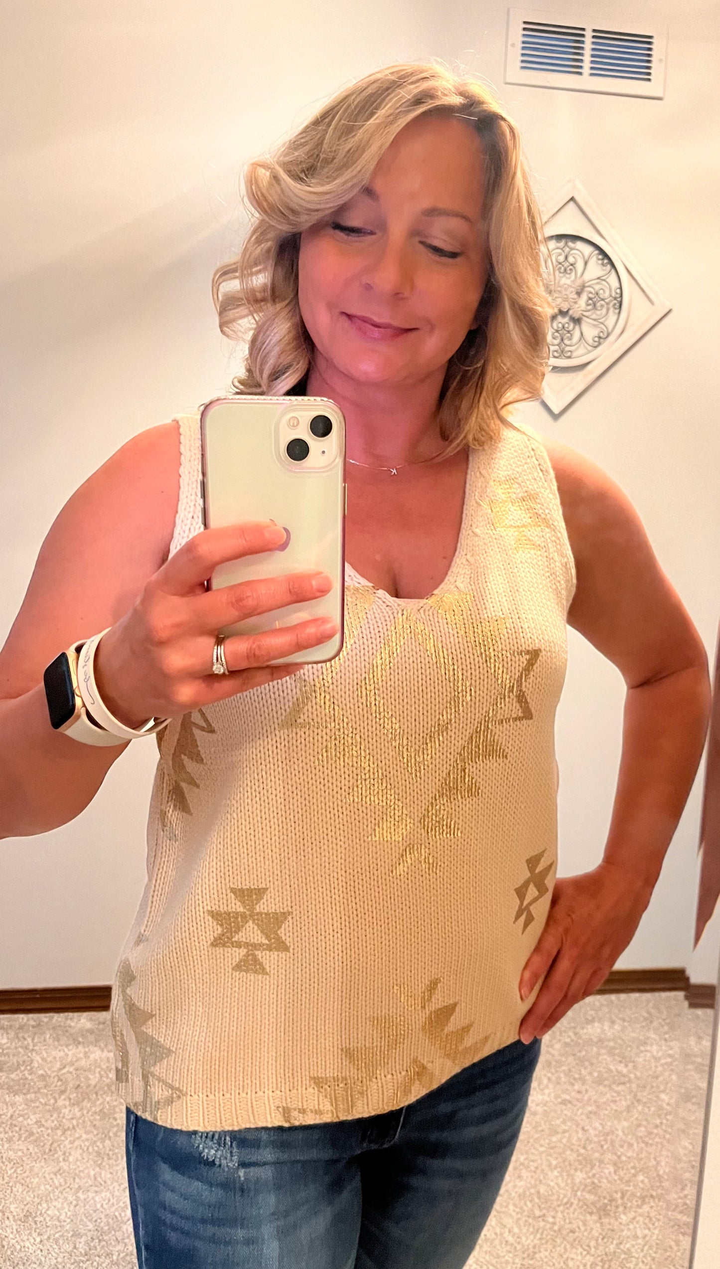 Lt.Taupe Gold Aztec Printed V neck Sleeveless Knitted Top