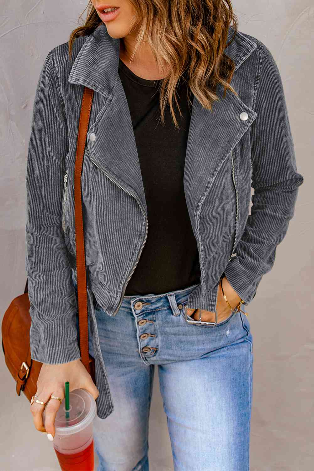 Belted Zip-Up Corduroy Jacket - Red Fox Boutique