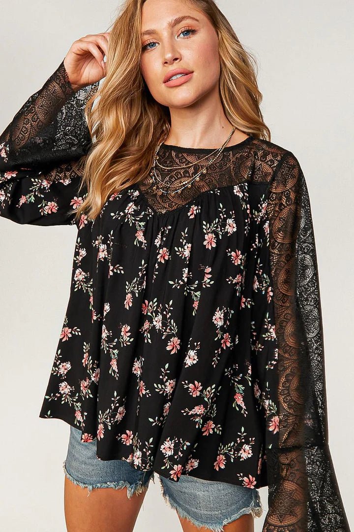 Black Floral Bell Sleeve Blouse - Red Fox Boutique
