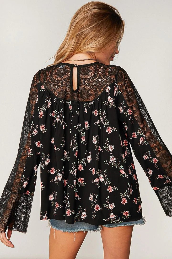 Black Floral Bell Sleeve Blouse - Red Fox Boutique
