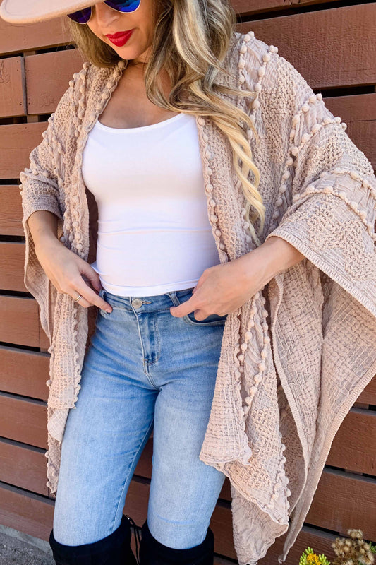 Textured Open Front Soft Kimono Cardigan In Taupe