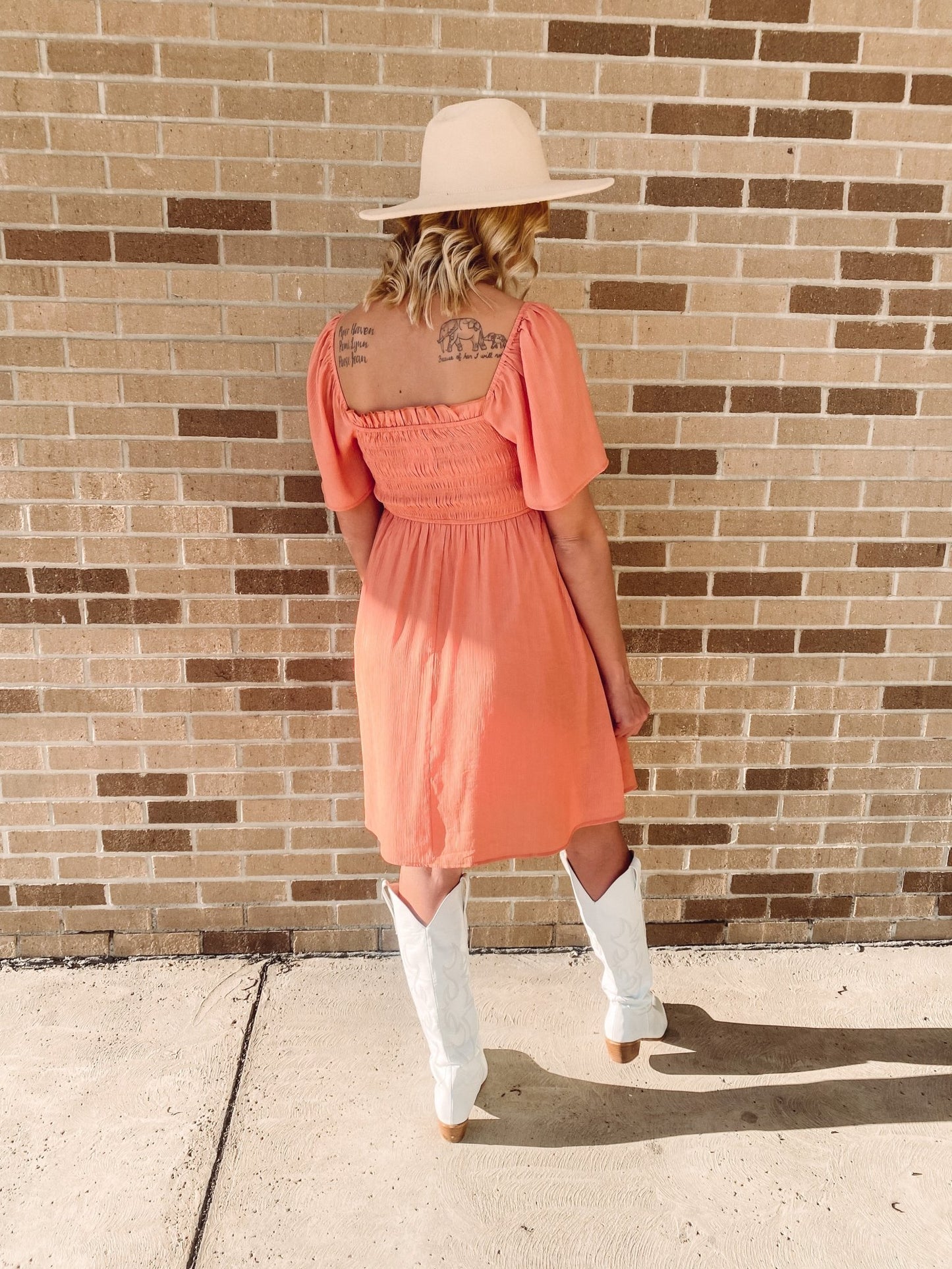 Flutter Sleeve Square Neck Salmon Colored Dress - Red Fox Boutique