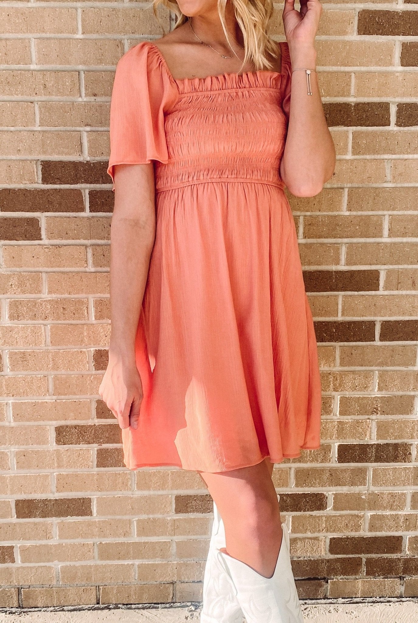 Flutter Sleeve Square Neck Salmon Colored Dress - Red Fox Boutique