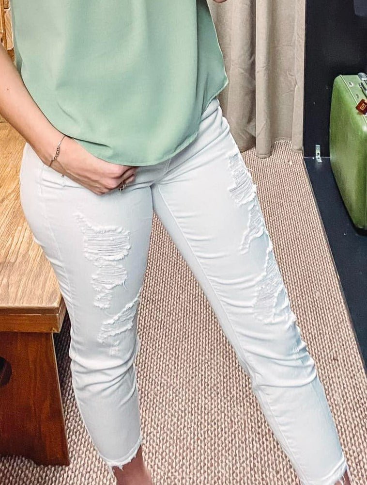 Judy Blue Distressed Raw Hem Jeans in White - Red Fox Boutique