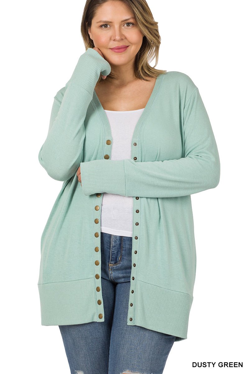 PLUS SNAP BUTTON SWEATER CARDIGAN IN DUSTY GREEN - Red Fox Boutique