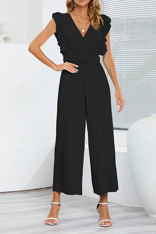 Sleeveless V Neck Ruffle Pleated Wide Leg Jumpsuit - Red Fox Boutique