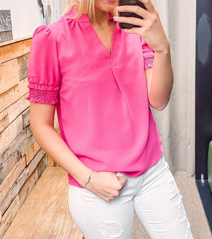 Smocked Detail V-Neck Blouse in Hot Pink - Red Fox Boutique