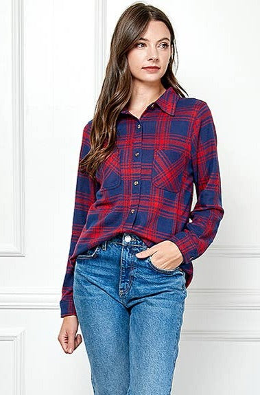 Stretch button Up Women Plaid Sweater Shirt - Red Fox Boutique